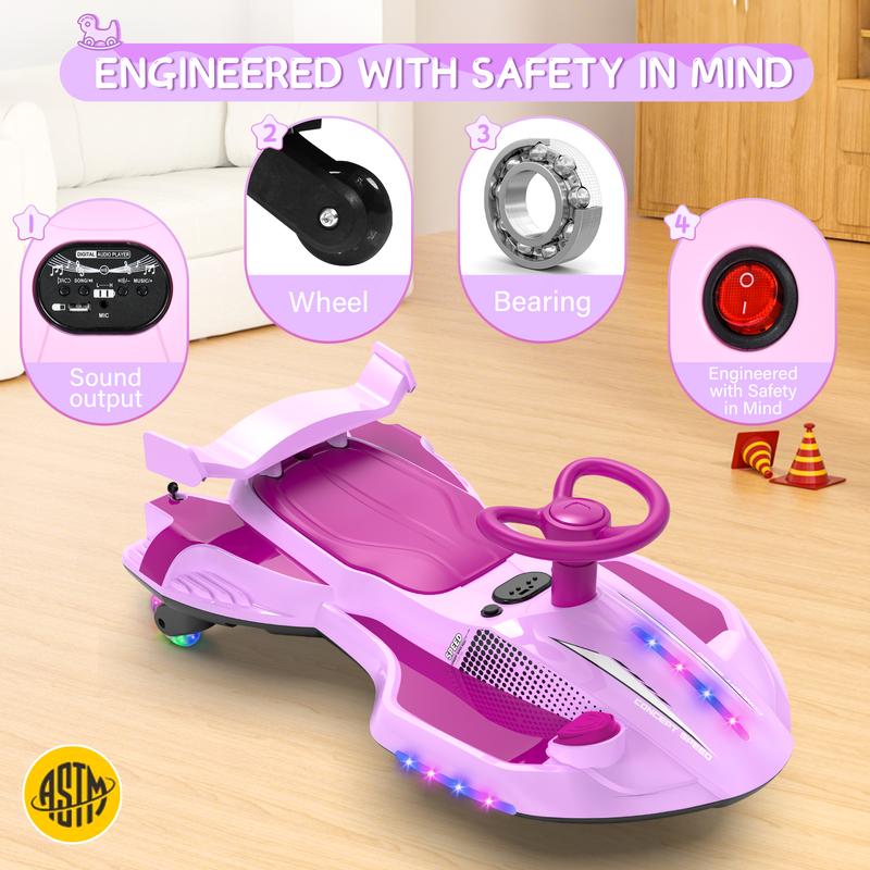 12V Wiggle Car, Flashing Wheels, Bluetooth, Music