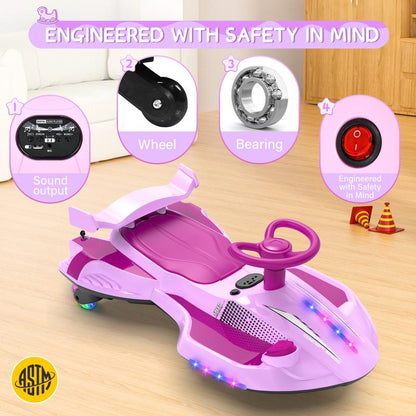 12V Wiggle Car, Flashing Wheels, Bluetooth, Music