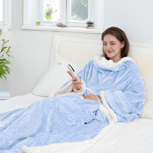 Heated wearable blanket with sleeves