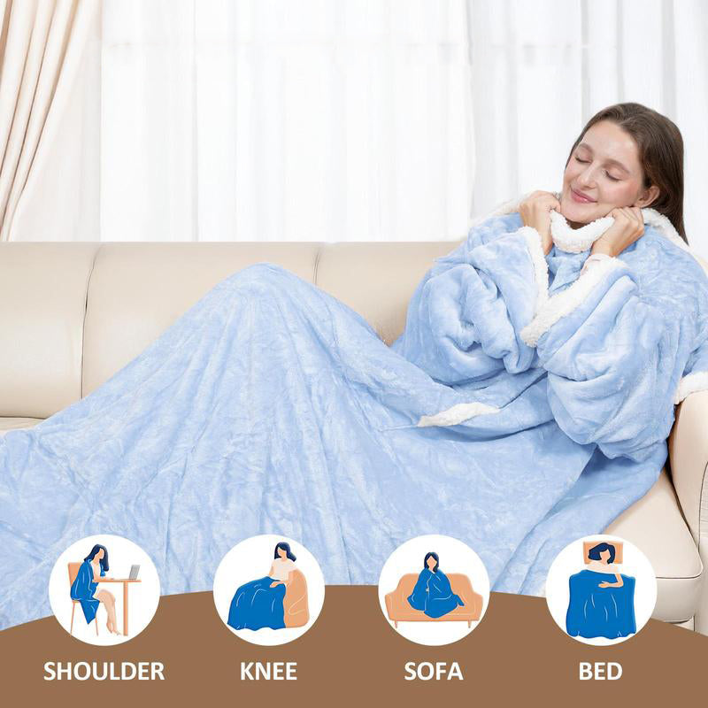 Heated wearable blanket with sleeves